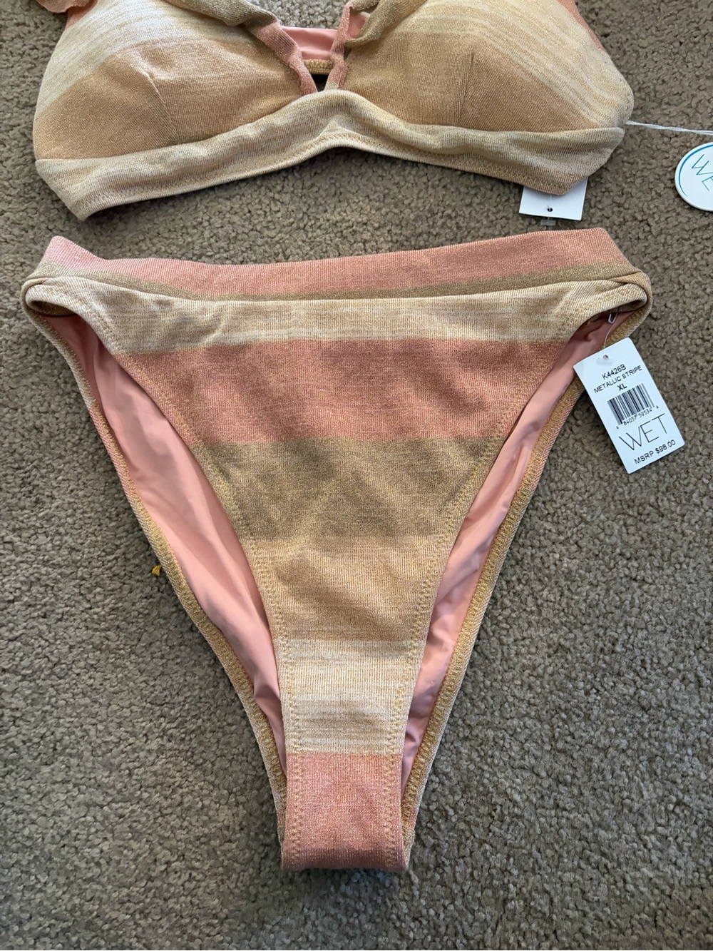 NWT WET High-Leg Stripe Bikini Bottom in Pink and Tan
